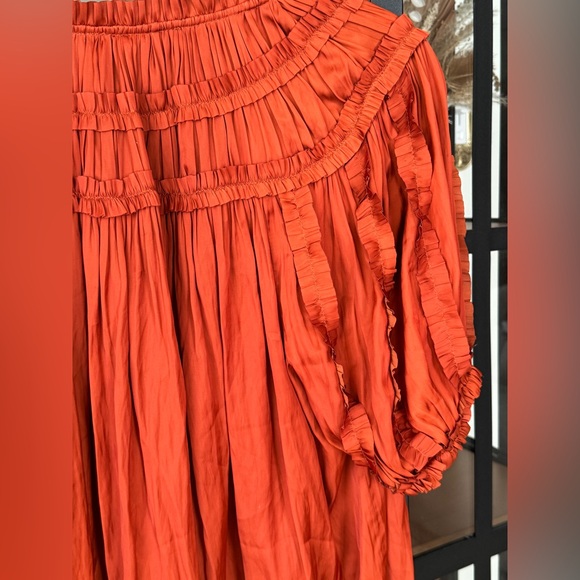 Ulla Johnson Aimee top blouse ruffle short sleeve clay rust satin tie front - Picture 12 of 12